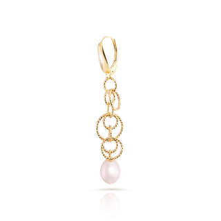 Sterling Silver earrings with yellow gold plating and a shiny, diamond-cut finish, featuring multiple round rings of different sizes and teardrop-shaped freshwater pearls by Gexist®