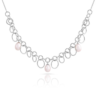 Sterling Silver necklace with a shiny, diamond-cut finish, multiple round rings of different sizes, and teardrop-shaped freshwater pearls by Gexist®