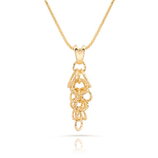 Sterling Silver necklace with yellow gold plating, fine twisted chain, elongated tree pendant, multi-rings with diamond finish by Gexist®