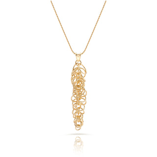Sterling Silver necklace with yellow gold plating, long fine twisted chain, elongated tree pendant, multi-rings with diamond finish by Gexist®