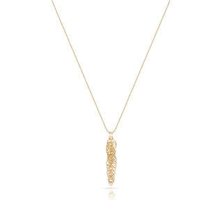 Sterling Silver necklace with yellow gold plating, long fine twisted chain, elongated tree pendant, multi-rings with diamond finish by Gexist®