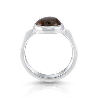 Sterling Silver ring featuring a designer ring with a shiny finish and a magnificent round Labradorite cab by Gexist®