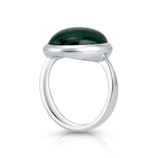 Sterling Silver ring featuring a designer ring with a shiny finish on which is set a magnificent oval Malachite cab by Gexist®