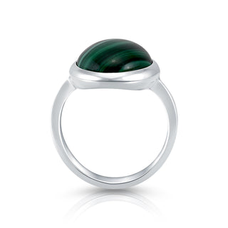 Sterling Silver ring featuring a designer ring with a shiny finish on which is set a magnificent oval Malachite cab by Gexist®