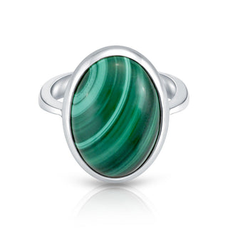 Sterling Silver ring featuring a designer ring with a shiny finish on which is set a magnificent oval Malachite cab by Gexist®