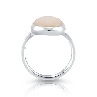 Sterling Silver ring featuring a designer ring with a shiny finish on which is set a magnificent oval Mother-of-Pearl cab by Gexist®