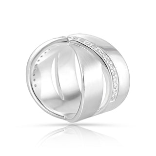 Sterling Silver ring, two crossed bands in an X design, polished finish, adorned with white zircons and a satin band by Gexist®