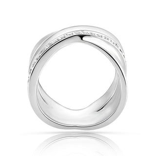 Sterling Silver ring, two crossed bands in an X design, polished finish, adorned with white zircons and a satin band by Gexist®