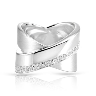 Sterling Silver ring, two crossed bands in an X design, polished finish, adorned with white zircons and a satin band by Gexist®