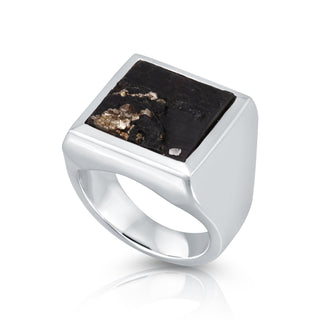 Sterling Silver ring with polished and shiny finish, signet ring style, set with a square-cut Swiss Pyrite Slate by Gexist®