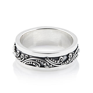 Sterling Silver ring with shiny ethno style motifs contrasting with the oxidised part by Gexist®