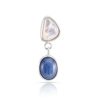Sterling Silver stud earrings featuring an oval kyanite cabochon and a fancy-shaped mother-of-pearl cabochon by Gexist®