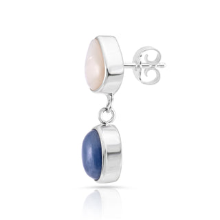Sterling Silver stud earrings featuring an oval kyanite cabochon and a fancy-shaped mother-of-pearl cabochon by Gexist®