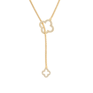 Sterling Silver tie necklace plated in yellow gold, braided chain with clover end caps in different sizes set with white zircons by Gexist®