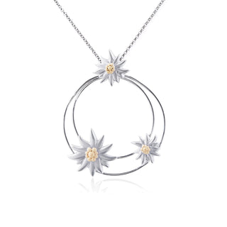 Sterling silver necklace with three bicolor satin-finish Edelweiss on two shiny asymmetrical rings by Gexist®