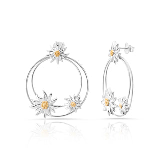 Sterling silver necklace with three brilliant bicolor Edelweiss on two brilliant asymmetrical rings by Gexist®