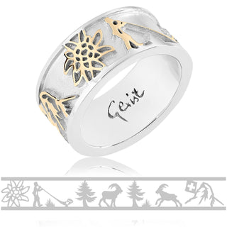 Bicolor Sterling Silver Ring with Bouquetins, Matterhorn, Edelweiss and Alphorn by Gexist®