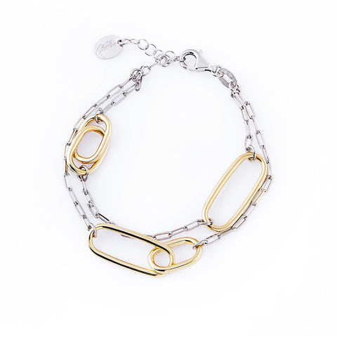 Bracelet in Sterling silver with yellow gold plating, with a double chain of polished and shiny rings of different sizes by Gexist®