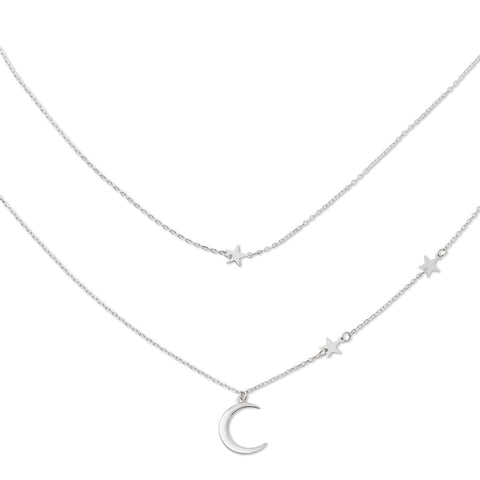 Double necklace in Sterling Silver with a moon and stars by Gexist®