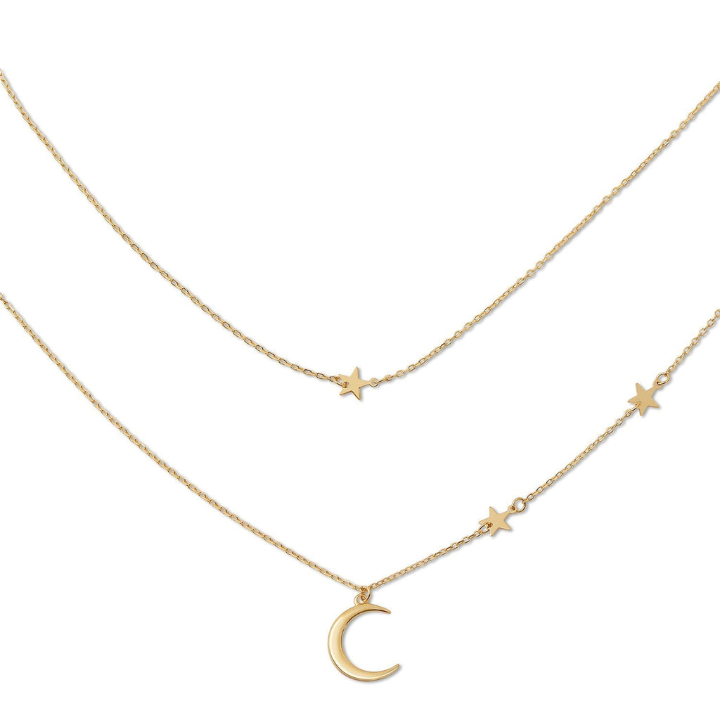 Double necklace in yellow gold plating Sterling Silver with a moon and stars by Gexist®