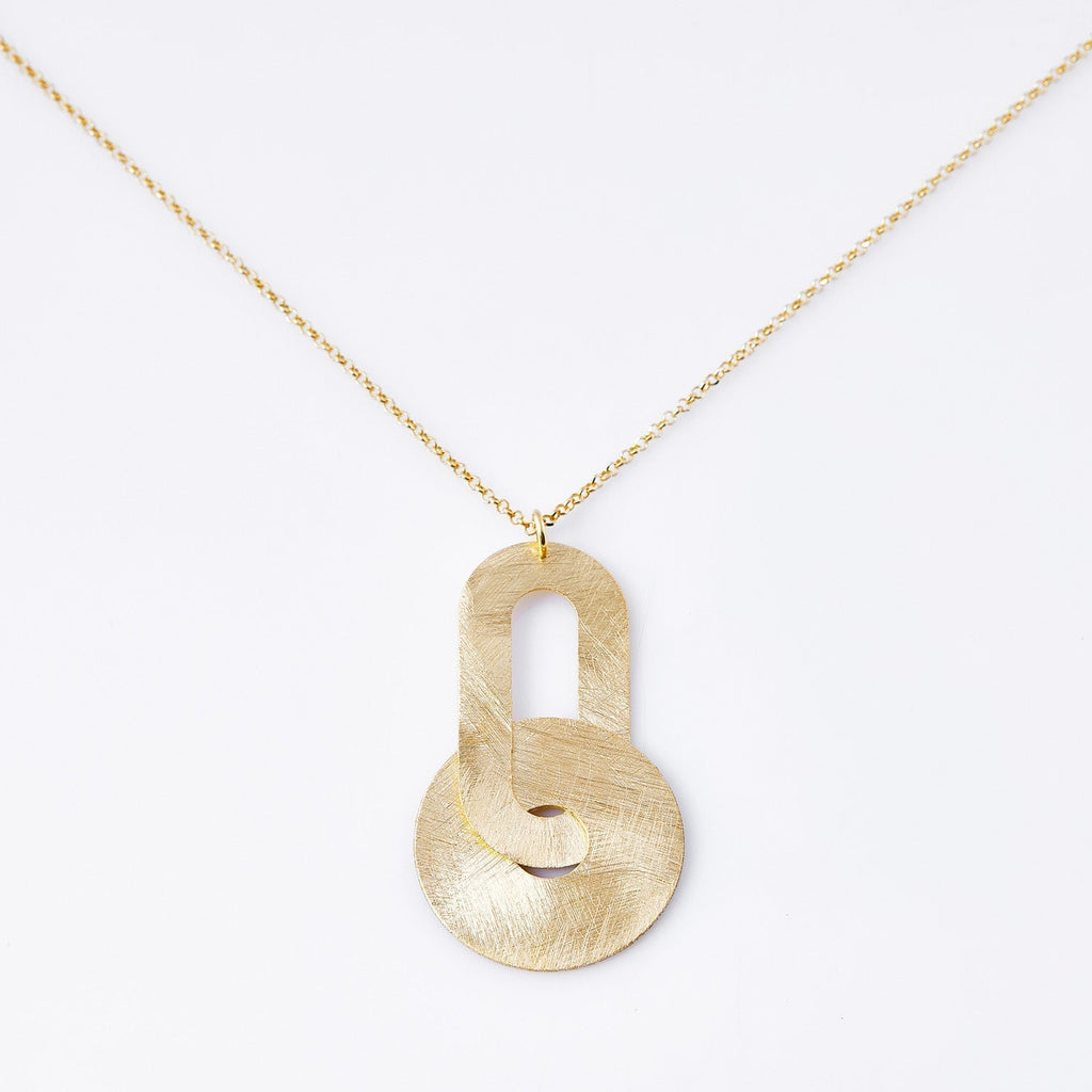 Necklace in Sterling silver and yellow gold plating with a pendant consisting of a flat oval-shaped element connected to a disc, both with a brushed finish by Gexist®