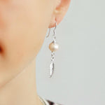 Silver Pearl And Feather Earrings (MK805E) by Gexist®