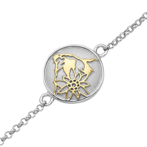 Sterling Silver Bicolor Bracelet with domed profile element Matterhorn and Edelweiss Pattern by Gexist®