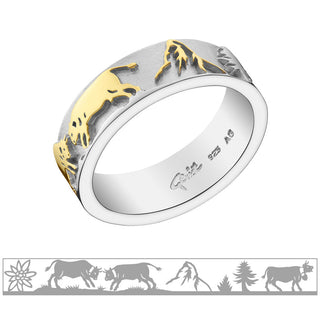 Sterling Silver Bicolor Edelweiss Ring with Edelweiss, Matterhorn, Cows and Firs by Gexist®