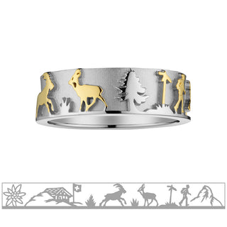 Sterling Silver Bicolor Edelweiss Ring with Ibex, Matterhorn, Edelweiss, Hiker and Chalet by Gexist®