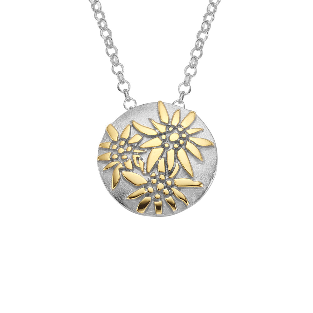 Sterling Silver Bicolor Necklace and domed profile Pendant with Edelweiss Pattern by Gexist®