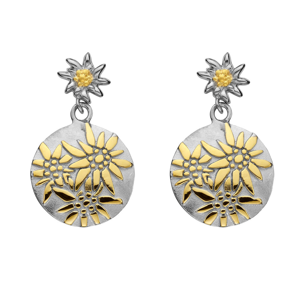 Sterling Silver Bicolor domed profile Earring with Edelweiss Pattern by Gexist®