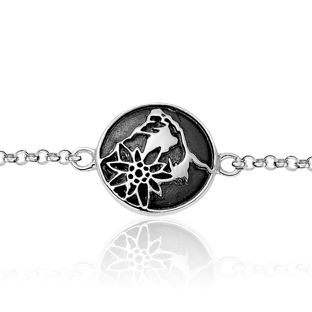 Sterling Silver Bracelet with domed profile element Matterhorn and Edelweiss Pattern by Gexist®