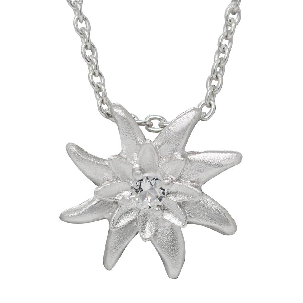 Sterling Silver Edelweiss Necklace with Swiss Stone Cristal Quartz by Gexist®