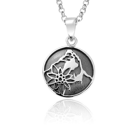 Sterling Silver Necklace and domed profile Pendant with Matterhorn and Edelweiss Pattern by Gexist®