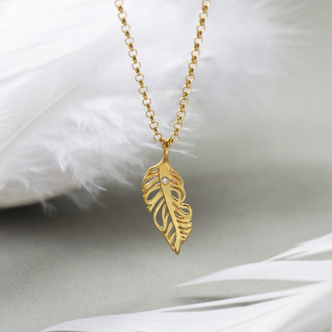 Ladies 9ct Yellow Gold Diamond Feather Pendant And Chain | Miltons Diamonds