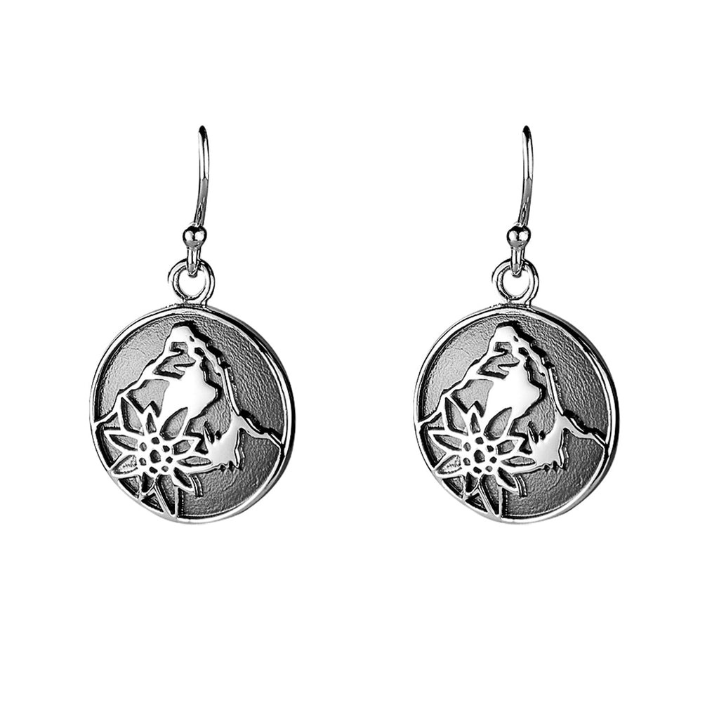 Sterling silver domed profile earring with Matterhorn and Edelweiss design by Gexist®