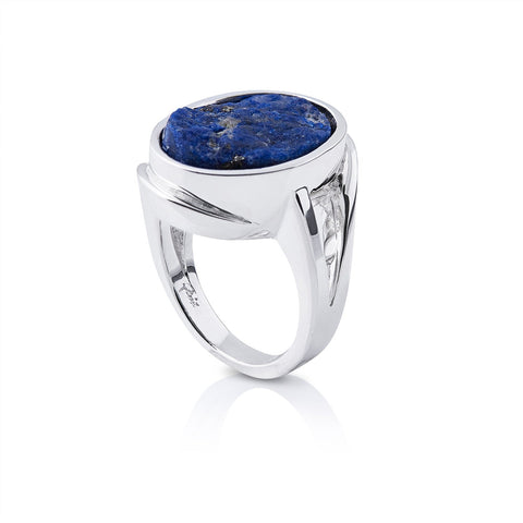 Sterling silver ring with a polished and shiny finish, set with a rough Lapis lazuli oval cab (13x18mm) by Gexist®